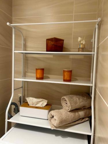 a room with shelves with towels and books at Bergerlebnis Natur pur in Sankt Englmar