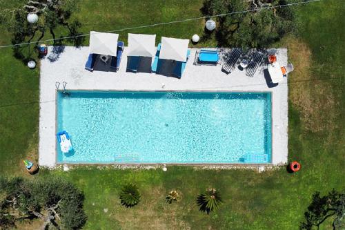 an overhead view of a swimming pool with clotheslines and towels at Labella Villa in Viterbo