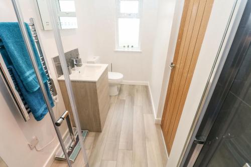 uma casa de banho com um lavatório e um WC em Lauristine Flat em Penzance