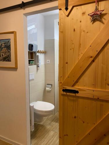 a bathroom with a toilet and a wooden door at Ludvov Dom in Tajov