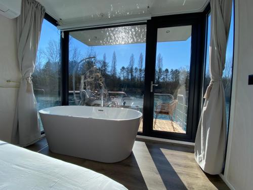 ein großes Bad mit einer Badewanne vor einem Fenster in der Unterkunft Escale Royale Saint Fargeau in Boissise-le-Roi
