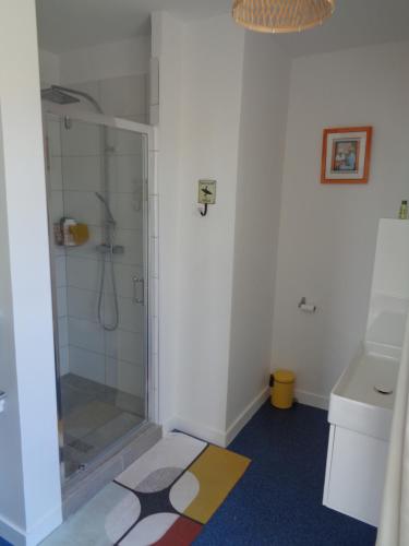 uma casa de banho com um chuveiro e um lavatório. em la maison blanche em Cléden-Cap-Sizun