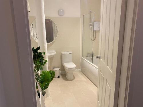 a white bathroom with a toilet and a shower at Inviting 1-Bed Apartment in Merchant City in Glasgow