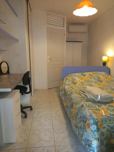 een slaapkamer met een bed, een bureau en een tafel bij T2 en villa à 20mn du centre in Toulon