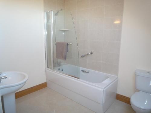 a bathroom with a shower and a toilet and a sink at Derryleigh House 