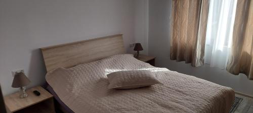 ein Schlafzimmer mit einem Bett, zwei Lampen und einem Fenster in der Unterkunft Zander House in Pecineaga