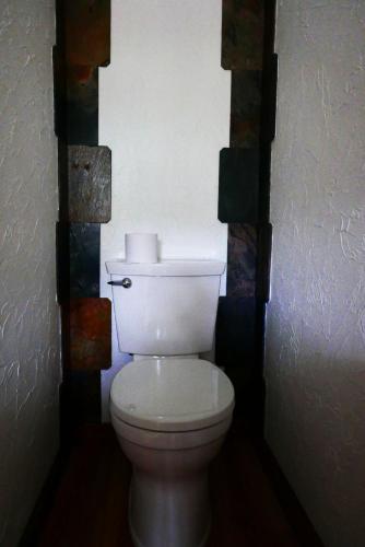 a bathroom with a white toilet in a room at Slide Mountain Forest House in Oliverea
