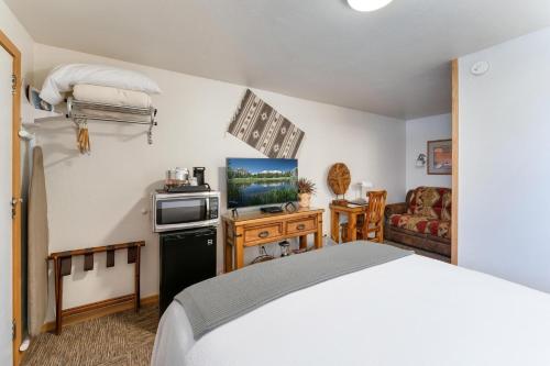 a hotel room with a bed and a tv at Stone Lizard Lodge in Blanding