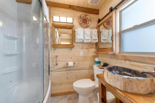 a bathroom with a toilet and a sink and a shower at Stone Lizard Lodge in Blanding