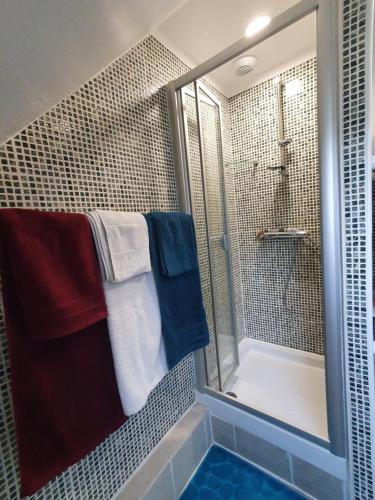 a bathroom with a shower with towels in it at Gite correze spa jaccuzi massage in Saint-Germain-les-Vergnes