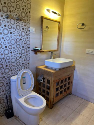 a bathroom with a toilet and a sink at Namra Villa in Leh