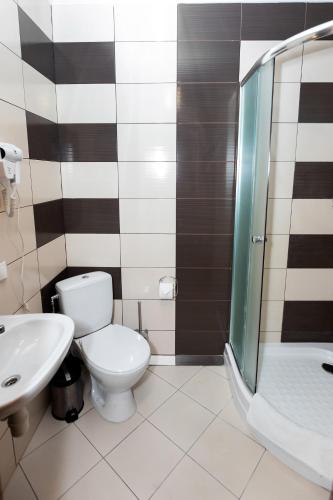 a bathroom with a toilet and a sink and a shower at Готель Скіфія in Lviv