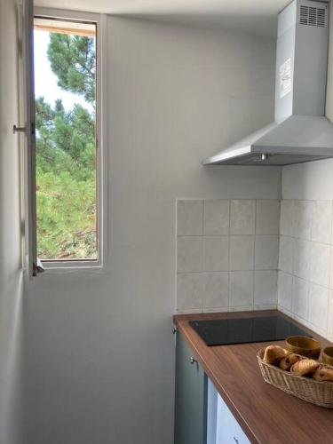 - une cuisine avec une fenêtre et un panier de pain dans l'établissement Cozy Studio with balcony and free parking, à Aix-en-Provence