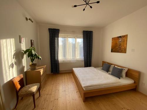 um quarto com uma cama, uma cadeira e uma janela em Vila Šik 2 em Nové Město na Moravě