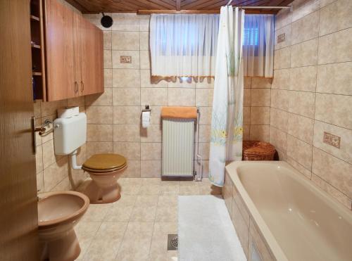 uma casa de banho com um WC, uma banheira e um lavatório. em Apartma Steles em Stari Trg pri Ložu