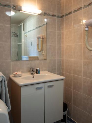 a bathroom with a white sink and a mirror at Hôtel Restaurant Au Coucou in Pulversheim