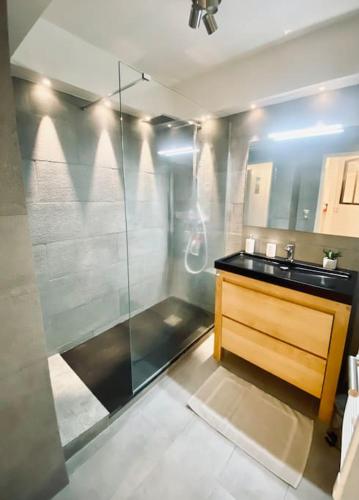 une salle de bain avec une douche en verre et un lavabo dans l'établissement Loft66 avec parking privé, à Clermont-Ferrand