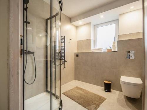 baño con ducha y aseo y ventana en Apartament u Zięby, en Duszniki-Zdrój