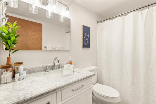 uma casa de banho branca com um lavatório e um WC em Hidden Creek Cabin em Franklin