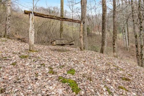 a bench sitting on a hill in the woods at Hidden Creek Cabin in Franklin