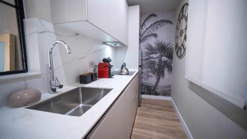 a kitchen with a stainless steel sink and white counters at Boabdil Suites in Córdoba