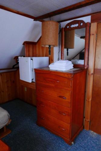 a room with a dresser with a refrigerator on top at Slide Mountain Forest House in Oliverea