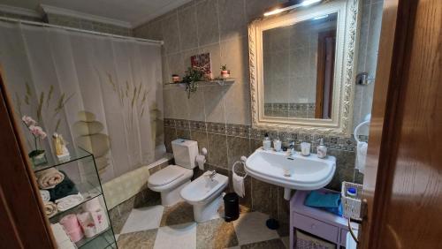 uma casa de banho com um lavatório, um WC e um espelho. em Appartement vue mer près de la plage et centre ville em Vinarós