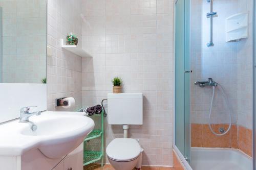 a bathroom with a toilet and a sink and a shower at APARTMENT MAJER 2 in Medulin