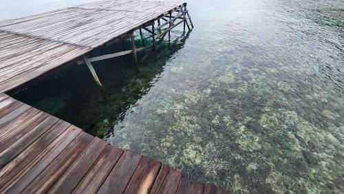 a wooden dock in the water next to the ocean at Terimakasih homestay in Pulau Mansuar