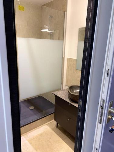 une salle de bain avec un lavabo et un miroir dans l'établissement T3 , parking , grand large, face plage, wifi St Jean, à La Ciotat