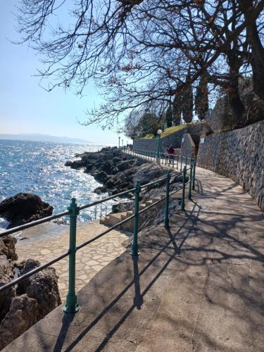 a walkway next to the ocean on a cliff at Apartment Lady Daniela mit Meerblick in Lovran in Lovran