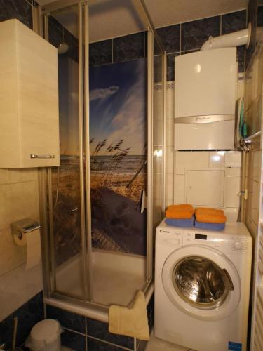a bathroom with a washing machine and a shower at Ferienwohnung am Maiglöckchenberg in Karlshagen