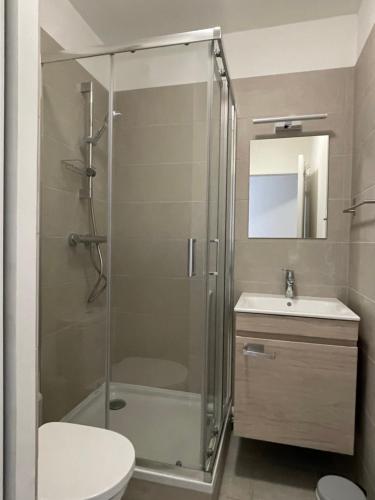 a bathroom with a shower and a toilet and a sink at Aix Homes "Les Allées Provençales" in Aix-en-Provence