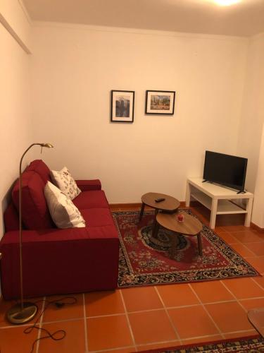 a living room with a red couch and a television at Apartamento - Casas dos Infantes in Caldas da Rainha