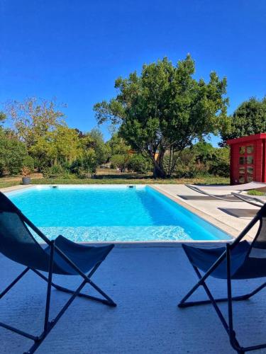 two chairs sitting next to a swimming pool at la roulotte dépote in Monbéqui