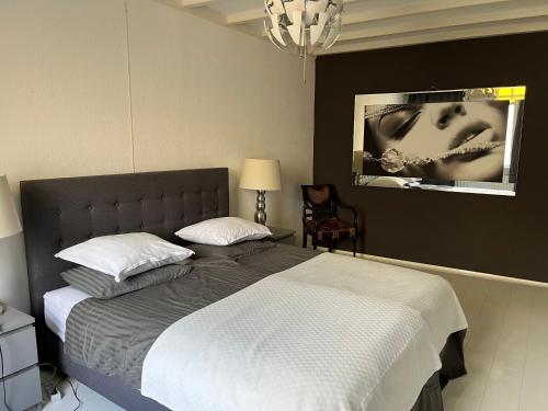 a bedroom with a bed and a picture on the wall at domaine de la bergerie in Zuid-Beijerland