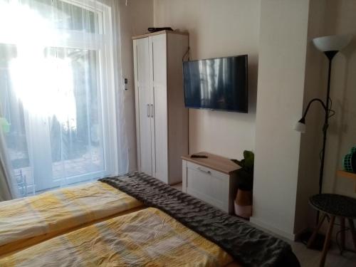 a bedroom with a bed and a tv on the wall at Kőszeghegyalja Vendégház in Horvátzsidány