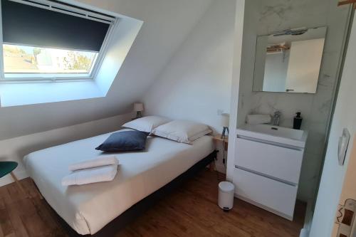 ein Schlafzimmer mit einem Bett mit einem Waschbecken und einem Spiegel in der Unterkunft Le Jaures 6 - T2 - Dernier Etage in Hennebont