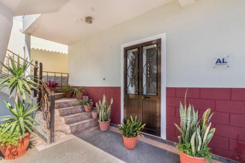 a building with potted plants in front of a door at Home Away From Home in Caniçal