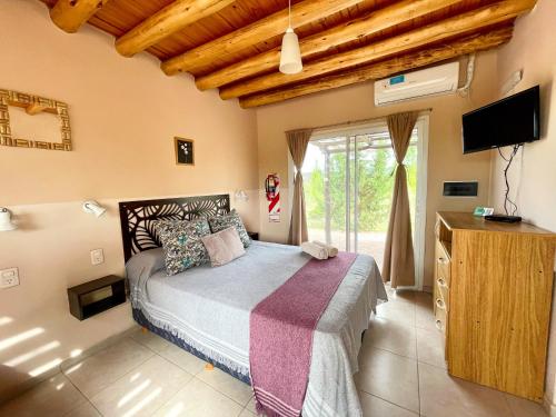 a bedroom with a bed with a television and a window at Cabañas EcoNature in Valle Grande