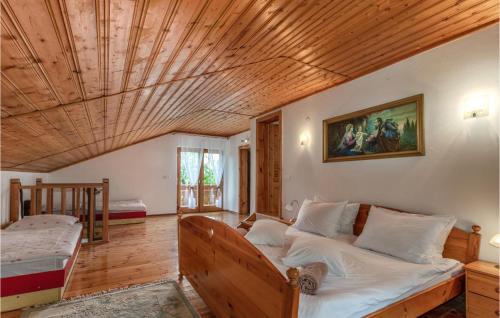 ein Schlafzimmer mit einem Bett und einer Holzdecke in der Unterkunft Pet Friendly Home In Dragovanscak With Wifi in Slavetić