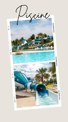 un collage de photos d'un toboggan dans un complexe dans l'établissement La Carabasse Mobilhome Vias plage, à Vias