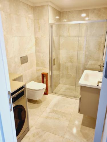 uma casa de banho com um chuveiro, um WC e um lavatório. em Otto Residences City Center 216 em Istambul