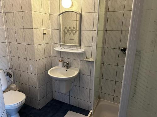 a bathroom with a sink and a toilet and a mirror at WRZOS resort & wellness in Węgierska Górka