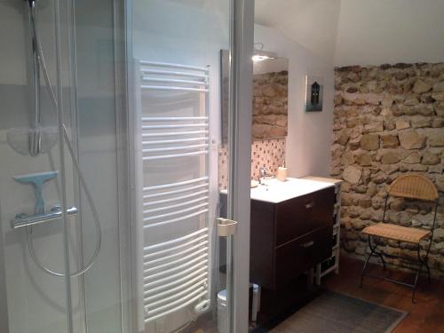 een badkamer met een douche en een wastafel bij Maison d'hôtes Brameloup Jardin Ovale in Coudures