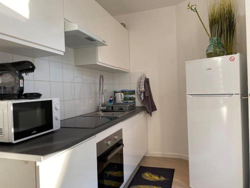 La cuisine est équipée d'un réfrigérateur blanc et d'un four micro-ondes. dans l'établissement Appartement à découvrir, à Marquette-lès-Lille