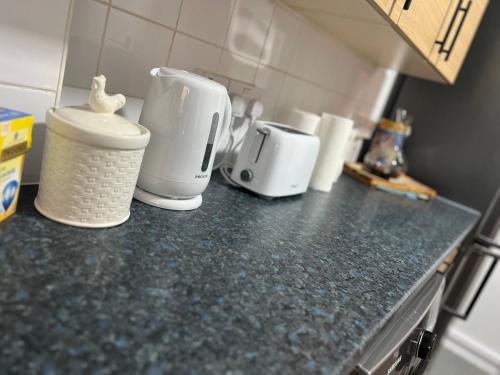 a kitchen counter with two white appliances on it at Greenwich Luxury View Apartment in London