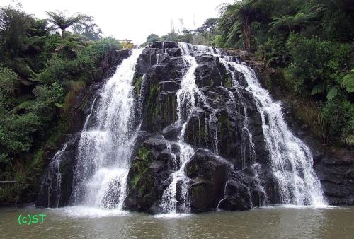 a waterfall in the middle of a body of water at The Dome Waikino in Waikino
