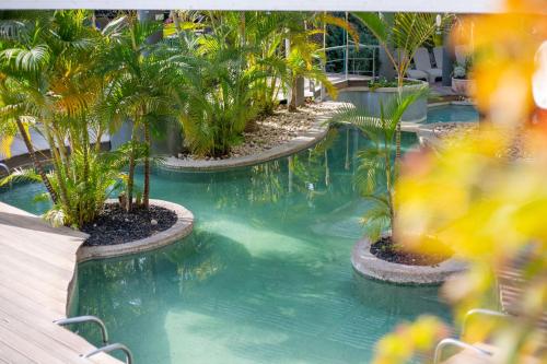 una piscina con palmeras en un complejo en Spa Village at Hamat Gader - adults only, en Hamat Gader
