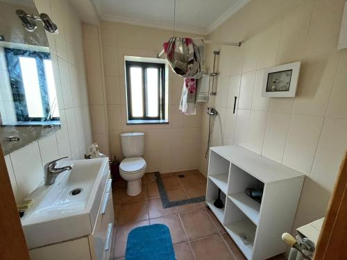 La salle de bains est pourvue d'un lavabo blanc et de toilettes. dans l'établissement A comfortable rural space in beautiful gardens, à Oliveira do Hospital